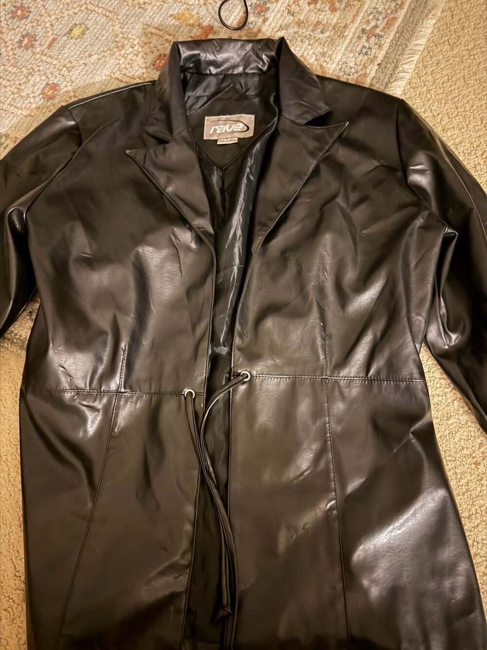 Vintage 90s Rave Black Faux Leather Trench Coat Jacket Size M